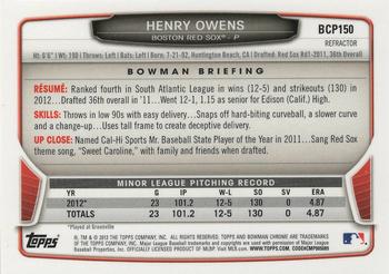 2013 Bowman Chrome - Prospects Blue Wave Refractors #BCP150 Henry Owens Back