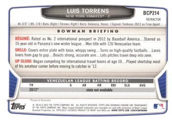 2013 Bowman Chrome - Prospects Blue Wave Refractors #BCP214 Luis Torrens Back