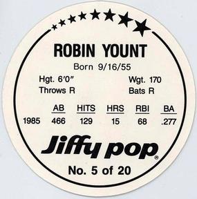 1986 Jiffy Pop Discs #5 Robin Yount Back