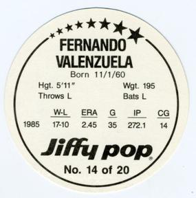1986 Jiffy Pop Discs #14 Fernando Valenzuela Back