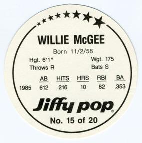 1986 Jiffy Pop Discs #15 Willie McGee Back
