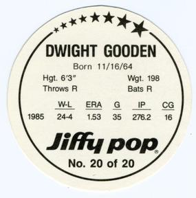 1986 Jiffy Pop Discs #20 Dwight Gooden Back
