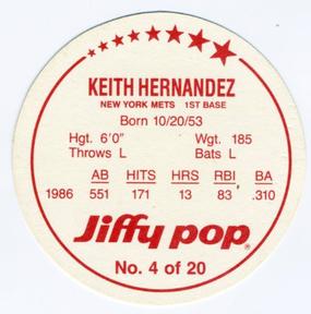 1987 Jiffy Pop Discs #4 Keith Hernandez Back