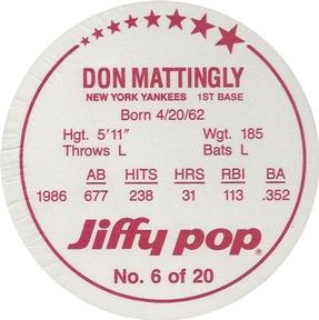 1987 Jiffy Pop Discs #6 Don Mattingly Back