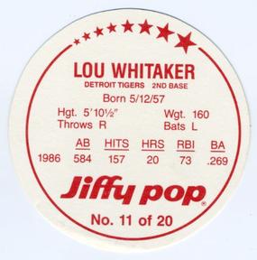 1987 Jiffy Pop Discs #11 Lou Whitaker Back