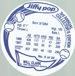 1988 Jiffy Pop Discs #5 Will Clark Back