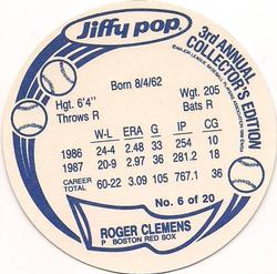 1988 Jiffy Pop Discs #6 Roger Clemens Back