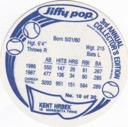 1988 Jiffy Pop Discs #10 Kent Hrbek Back