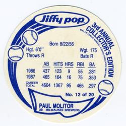1988 Jiffy Pop Discs #12 Paul Molitor Back