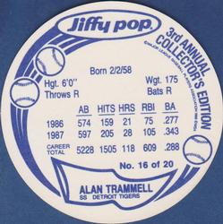 1988 Jiffy Pop Discs #16 Alan Trammell Back