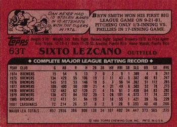 1982 Topps Traded #63T Sixto Lezcano Back