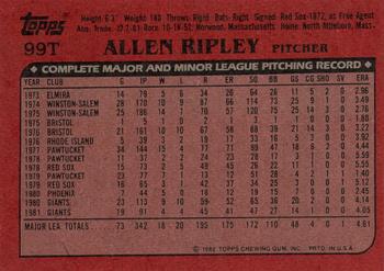 1982 Topps Traded #99T Allen Ripley Back