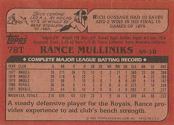 1982 Topps Traded #78T Rance Mulliniks Back