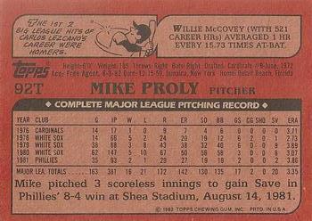 1982 Topps Traded #92T Mike Proly Back