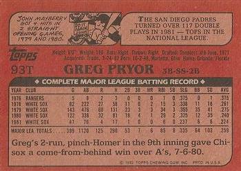 1982 Topps Traded #93T Greg Pryor Back