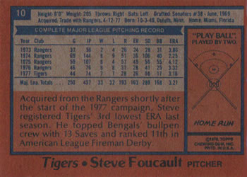 1978 Topps Burger King Detroit Tigers #10 Steve Foucault Back