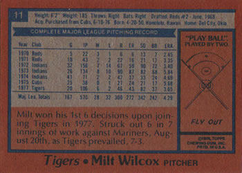 1978 Topps Burger King Detroit Tigers #11 Milt Wilcox Back