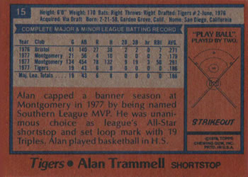 1978 Topps Burger King Detroit Tigers #15 Alan Trammell Back