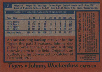 1978 Topps Burger King Detroit Tigers #3 Johnny Wockenfuss Back