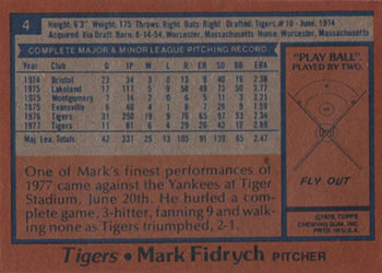 1978 Topps Burger King Detroit Tigers #4 Mark Fidrych Back