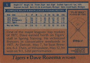1978 Topps Burger King Detroit Tigers #5 Dave Rozema Back