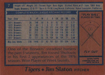 1978 Topps Burger King Detroit Tigers #7 Jim Slaton Back