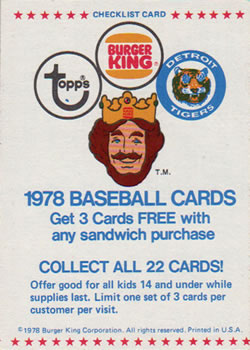1978 Topps Burger King Detroit Tigers #NNO Checklist Front