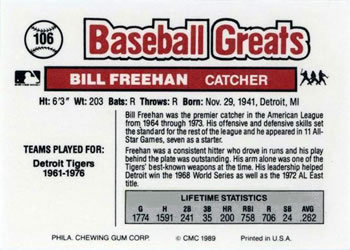 1989 Swell Baseball Greats #106 Bill Freehan Back