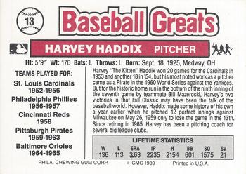 1989 Swell Baseball Greats #13 Harvey Haddix Back