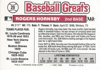 1989 Swell Baseball Greats #20 Rogers Hornsby Back