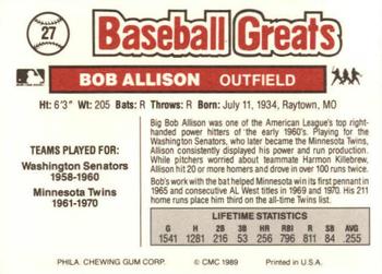 1989 Swell Baseball Greats #27 Bob Allison Back