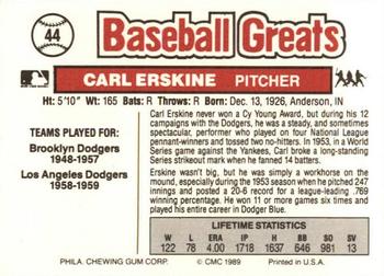 1989 Swell Baseball Greats #44 Carl Erskine Back
