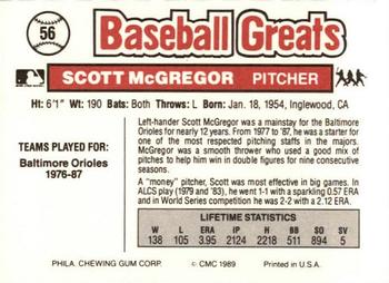 1989 Swell Baseball Greats #56 Scott McGregor Back