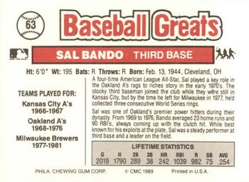 1989 Swell Baseball Greats #63 Sal Bando Back