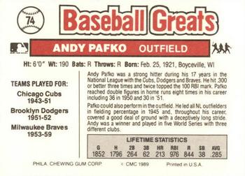1989 Swell Baseball Greats #74 Andy Pafko Back