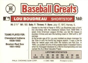 1989 Swell Baseball Greats #80 Lou Boudreau Back