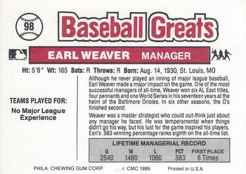 1989 Swell Baseball Greats #98 Earl Weaver Back