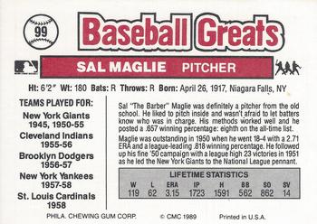 1989 Swell Baseball Greats #99 Sal Maglie Back