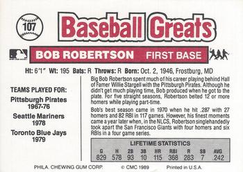 1989 Swell Baseball Greats #107 Bob Robertson Back