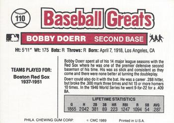 1989 Swell Baseball Greats #110 Bobby Doerr Back