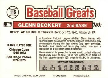 1989 Swell Baseball Greats #116 Glenn Beckert Back