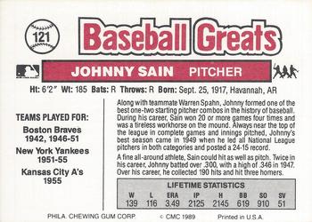 1989 Swell Baseball Greats #121 Johnny Sain Back