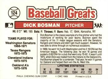 1989 Swell Baseball Greats #124 Dick Bosman Back