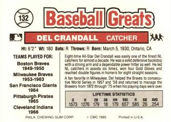 1989 Swell Baseball Greats #132 Del Crandall Back