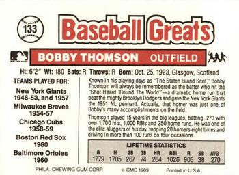 1989 Swell Baseball Greats #133 Bobby Thomson Back