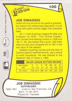 1988 Pacific Legends I #100 Joe DiMaggio Back