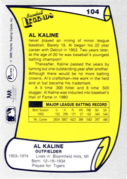 1988 Pacific Legends I #104 Al Kaline Back