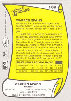 1988 Pacific Legends I #109 Warren Spahn Back