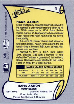 1988 Pacific Legends I #1 Hank Aaron Back