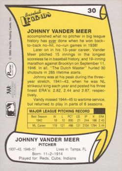 1988 Pacific Legends I #30 Johnny Vander Meer Back